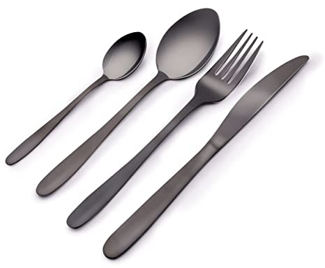 Alpina Besteck-Set - 4-Personen: 4 Messer, 4 Gabeln, 4 Dessertlöffel, 4 kleine Löffel - Spülmaschinenfest - Edelstahl - Schwarz