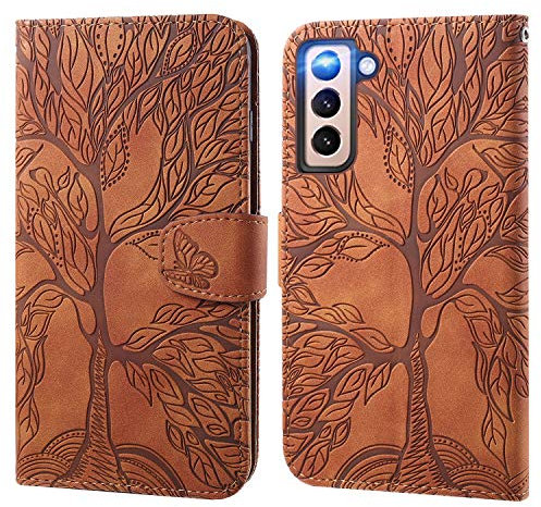 Aisenth Handyhülle für Samsung Galaxy S21 FE 5G, Baum Muster Leder Handytasche Brieftasche Klapphülle Etui Wallet Flip Case Schutz Hülle mit TPU innen Schale, Kartenfächer -Braun