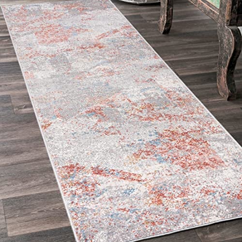 Mazovia Teppich Läufer Flur - Modern Teppichläufer – Kurzflor, Weich - für Vorzimmer Eingangsbereich Schlafzimmer Küche Korridor - Abstrakt Muster - 100 cm Breite Grau Lachsfarben 100 x 200 cm