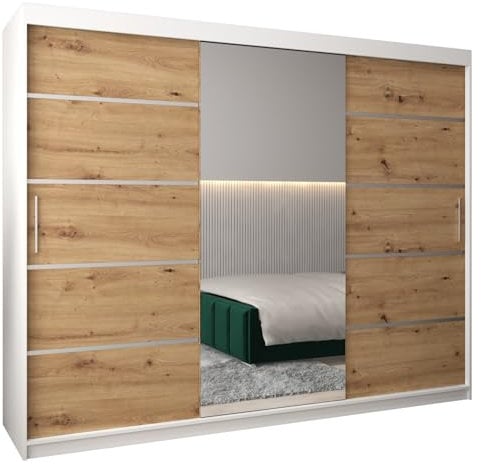 MEBLE KRYSPOL Kleiderschrank mit Spiegel Verona 2 - Garderobenschrank - Schrank Schlafzimmer - Mehrzweckschrank DREI Schiebetüren - Regalen - Flur Möbel - Kleiderstange Schrank - Allzweckschrank