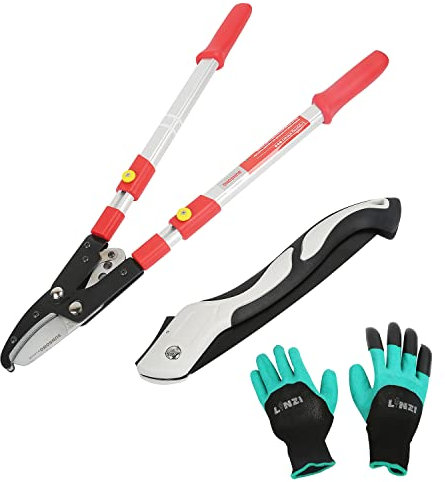 LINZI Cisaille Coupe-Branches Télescopique Robuste avec Poignée en Aluminium 660-970 mm + Scie à Métaux Pliante 250 mm + Gants de Jardin, Ciseaux de Jardin pour Branches, Haies