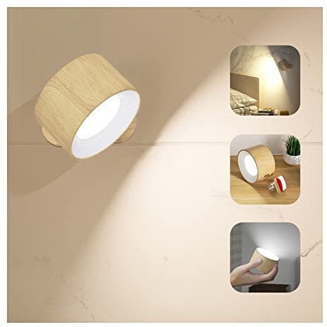 Wandleuchte Innen, Wandlampe mit USB-Ladeanschluss 3 Farbmodi 3 Helligkeitsstufen Led Wandleuchte Innen 360° drehbare Touch Control Wandlampen Kabellose Wandleuchten Farbe Woodgrain (1 Stück)