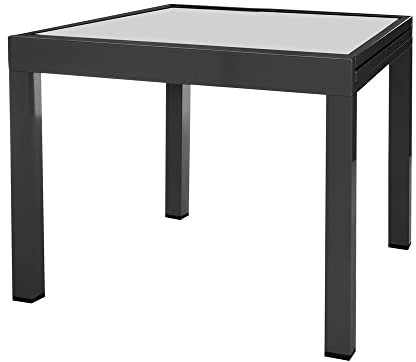LOLAhome Thais ausziehbarer Esstisch aus Aluminium und gehärtetem Glas, schwarz, 90 x 90 x 74 cm