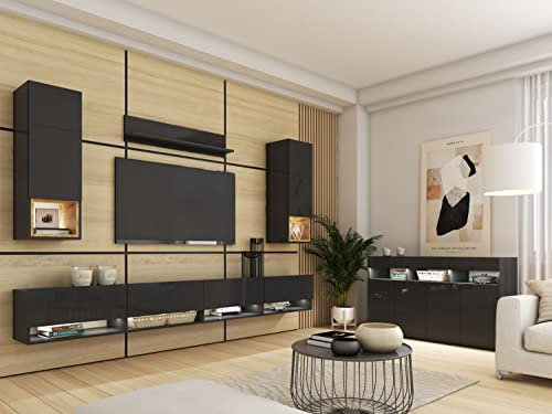 BROMARKT Premium Wohnwand Wohnzimmer Set 6 Teile – Wohnzimmer Schrank - Wohnzimmer Möbel mit Kommode und TV Schrank – Wohnwand Modern - Wohnzimmerschrank Komplett Möbel - Hochglanz Schwarz