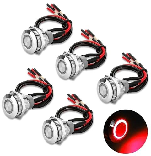 Linkstyle 19mm Einrast Druckknopfschalter, 12V Metall Selbstverriegelung SPST ON-OFF Schalter mit Kabelbaum & Rotes Licht für Boote Autos LKW, 5Pcs