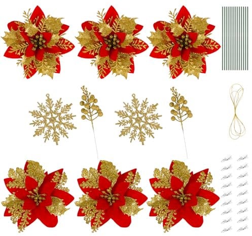 ilauke 34 Stück Weihnachten Glitzer Weihnachtsstern Blumen mit Clips, Weihnachtsstern Baum Weihnachtsschmuck KüNstliche Weihnachtsbaum Blumen für Weihnachtsbaum Kränze Dekorationen(Rot, Gold)