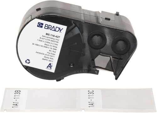 Brady Selbstlaminierendes Vinyl-Vorgefertigte Etiketten für Etikettendrucker BMP51/BMP53/M511-80 Klebeetiketten - Schwarz auf Weiß, Transparent (38,10 mm (B) x 63,50 mm (H)) - M5-116-427