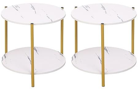 nozama Tall Side Table,Small Coffee Table,Small Side Table,Metal Plant Stand Indoor,2 Tier Round Flower Stand (White 39.5cmx39.5cmx42cm, Pack 2)
