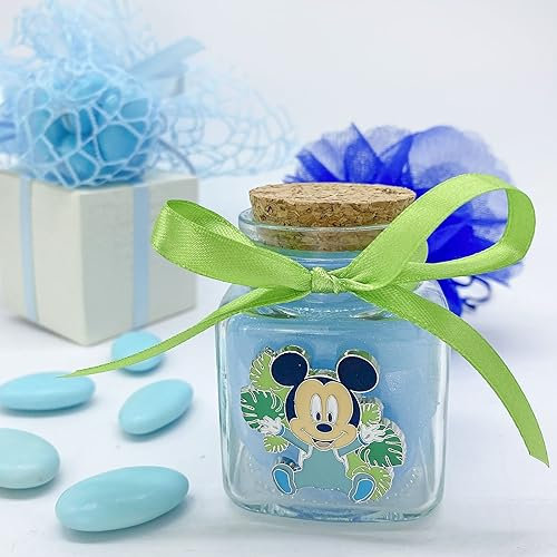 Doni Bomboniere 10 Vasetti in Vetro portaconfetti con Applicazione Disney di Baby Mickey Mouse, Design Semplice ed Elegante. Bomboniere Utilizzabile per Compleanni, Battesimi. Fiocco a Scelta.