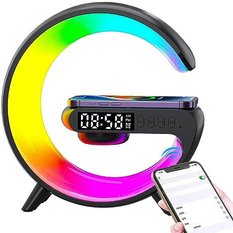 Atmosphere G Shape Bedside LED Wireless Light Up Charging Speaker | Timer Alarm Clock Charger Stand Color Changing Wireless LED Music Lamp for Outdoor