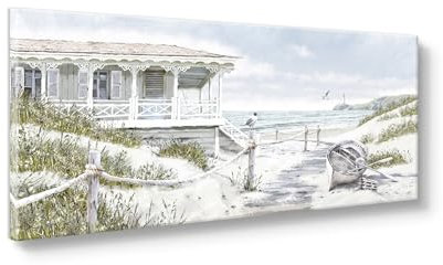 STYLER Leinwandbild Beach House 60 x 150 cm I Meer weiß Strandhaus Strand Strandmotiv I Bild Wohnzimmer Schlafzimmer Esszimmer XXL groß Leinwand I Wanddeko Querformat lang schmal