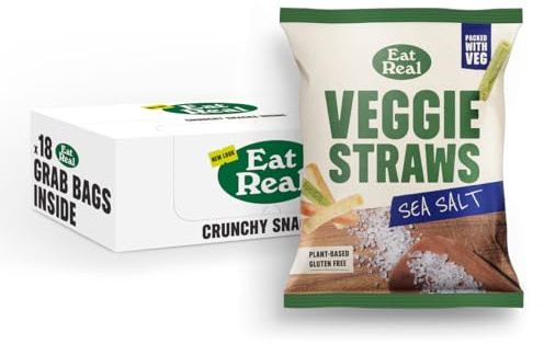 Eat Real Veggie Straws Sea Salted 18 x 45g Grab Bag Multipack | Sea Salted Veggie Straws, 18 x 45g Grab Bag Multipack, Gluten Free, Rice-Based, Low Calorie, Healthy Snack