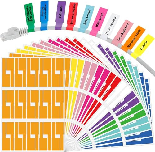 600 Pcs Cable Labels for Electronics, Self Adhesive Wire Tags to Mark Charging Cords, Computer Cords, 10 Colours Tear Resistant Wire Labels for Cable Management 20 Sheets