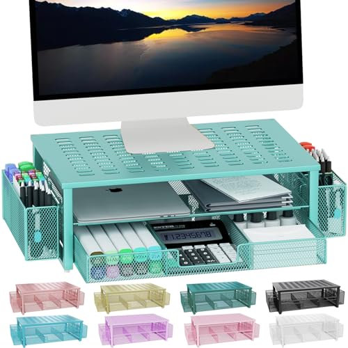 gianotter Organizer e accessori da scrivania, supporto per monitor con cassetto e 2 portapenne, organizer da scrivania adatto per uffici e dormitori (blu)