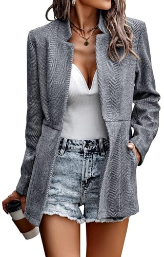 Women's Stand Collar Open Front Jacket Outwear Casual Full Lined Long Sleeve Blazer Coat with Pockets