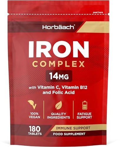 Fer Complément Alimentaire avec Acide Folique Vitamine B12 et Vitamine C | 14mg | 180 Gelules Vegan | Iron Supplement Tablets | Complement Alimentaire Système Immunitaire | par Horbaach