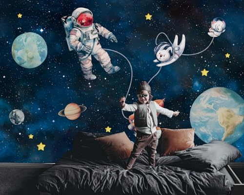 FWIEXA Children Astronaut Earth Wallpaper, Cartoon Rocket Rabbit Wall Mural, Outer Space Planet Mural Wallpaper, Kids Moon Aerospace Wallcovering Living Room, Bedroom - 161x108 (Not Peel n' Stick)
