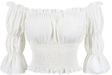 Odizli Blouse médiévale pour femme - Gothique Steampunk - Manches 3/4 - Épaules dénudées - Crop Top - Style victorien - Wikinger - Pirate - Costume, Blanc., S
