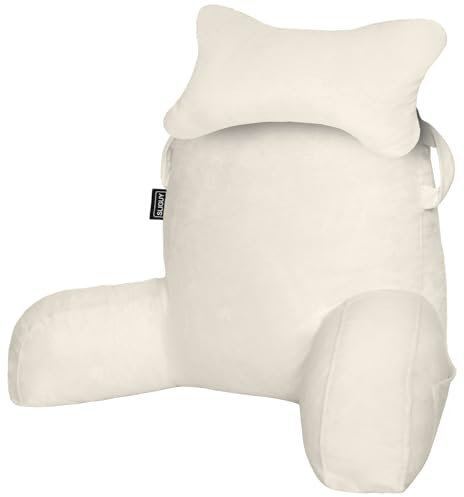 SLIGUY Reading Pillow for Sitting in Bed Couch Adult, Back Pillow with arm Support and Pockets, Adult Back Pillow Bed Chair for Bed Rest, Reading, Watching TV, Gaming for Boys and Girls Beige