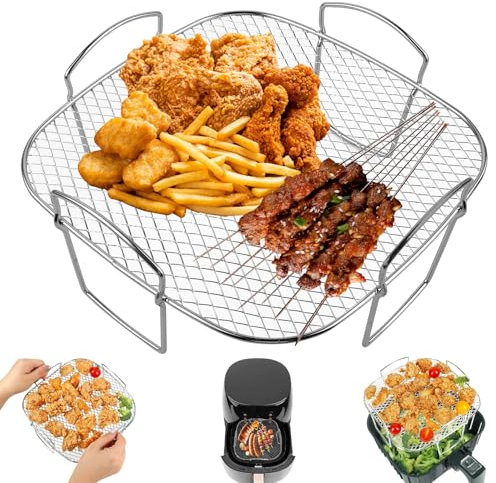 WIYETY Griglia per friggitrice ad aria calda, in acciaio inox, accessorio per friggitrice ad aria calda, per griglia di disidratazione, forno, friggitrice ad aria calda, 20 x 20,5 x 10 cm
