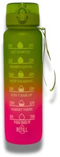 Sports Water Bottle 1L / 32OZ, BPA-Free, Motivational with Time Markings Leakproof Drinking Bottle for Running, Gym, Cycling, School, and Outdoor Activities (Pink - Green)