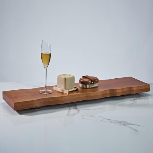 Generisch Badewannenablage aus Teakholz mit verstellbarer Schiene und rustikalen Kanten, Badzubehör, dunkles Badewannentablett aus Holz