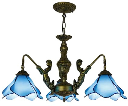 Fiunkes 3-flammiger Blauer Glas-Kronleuchter für Kücheninsel und Wohnzimmer, Tiffany-Stil, 3 Lichter, rosa Buntglasschirm, Deckenpendelleuchte für Schlafzimmer, Esstisch,Blau