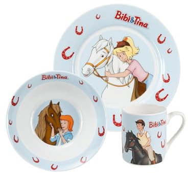 United Labels Bibi & Tina 3-teiliges Geschirrset für Kinder, Blau, Frühstücksset aus Porzellan mit Teller Ø 19 cm, Tasse 220 ml und Schale 330 ml, Kindergeschirr