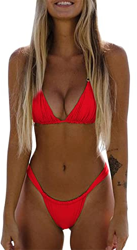 Damen Bikini Set Sexy Tanga String Bikini Badeanzüg Zweiteiliger Triangel mit Ring Badebekleidun Verstellbare Bademode Unterteil Seitlicher Schnürung