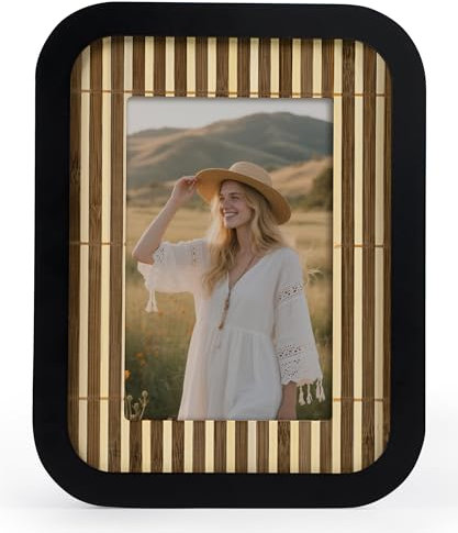 SUMGAR Bilderrahmen 10x15 Schwarz Holz Boho Fotorahmen 10 x 15 aus natürlichem Bambus gewebt Wand order Tabelle Hochzeit Geschenk für Vater Familie Eltern