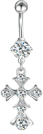 Daesar Bauchnabelpiercing Chirurgenstahl 10MM Stablänge, 14G Bauchnabelpiercing 1.6MM Stabstärke mit Anhänger Kreuz Weiß Zirkonia Bananabell Piercing Bauchnabel Schmuck