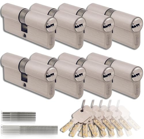 Set di 8 Cilindri a Doppia Serratura in Ottone 30/30mm con Chiave Unica, 40 Chiavi Incluse, 16 Viti, Serrature Universali per Porte e Garage, Lunghezza 60mm, Montaggio Facile