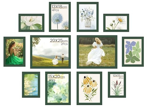 Feihorrm 12er Bilderrahmen Set verschiedene Größen, Bilderwand Dunkelgrün | Fotocollage für Wand & Tisch, leichter Kunststoff-Fotorahmen mit Acrylglas, Rahmen für Fotos 10x15, 13x18, 15x20 & 20x25 cm