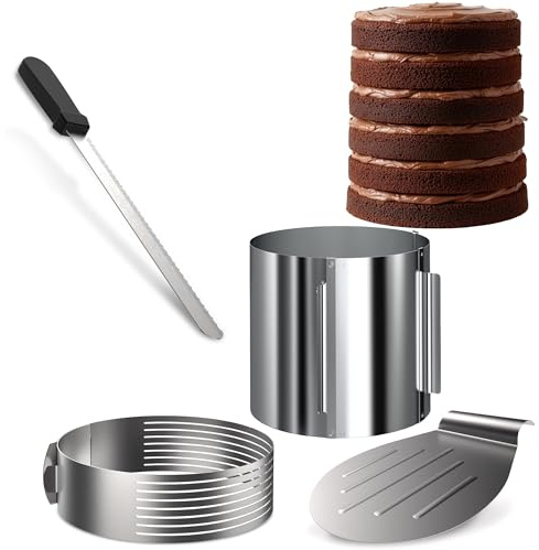 4smile Torten-Zubehör-Set 4 Teile - Tortenring verstellbar hoch 20 cm + Tortenboden Schneidehilfe Ring Ø 26/28 cm + Konditormesser + Tortenheber