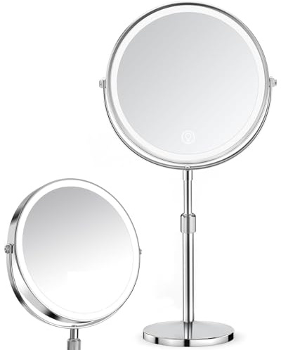 AIMAX 10X/1X Wiederaufladbarer Kosmetikspiegel mit Beleuchtung, 38-48 cm Höhenverstellbarer 8 Zoll Schminkspiegel, 3 Lichtfarben&Helligkeit Dimmbar, 360° drehbarer Doppelseitiger Tischspiegel