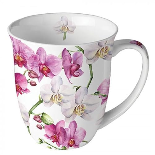 Porzellanbecher 400ml aus Fine Bone China – Kaffeebecher mit Frühlings-, Sommer- und Ostermotiven – Große Tasse für Tee & Kaffee, 10,5 cm hoch (Orchideen)