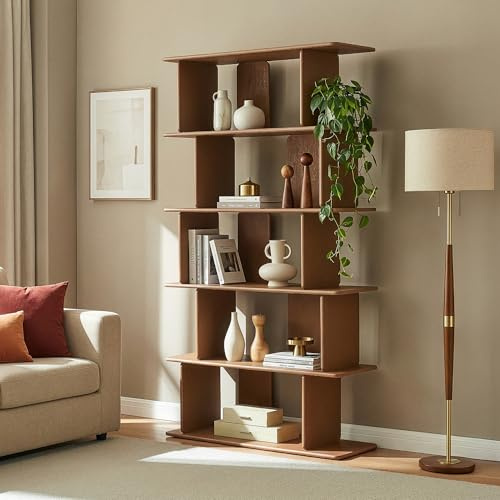 [en.casa] Bücherregal Gäljami Standregal 180 x 100 x 35 cm Dekoregal mit 5 offenen Fächern Raumteiler Regal für Wohnzimmer Schlafzimmer Flur Homeoffice Walnussoptik