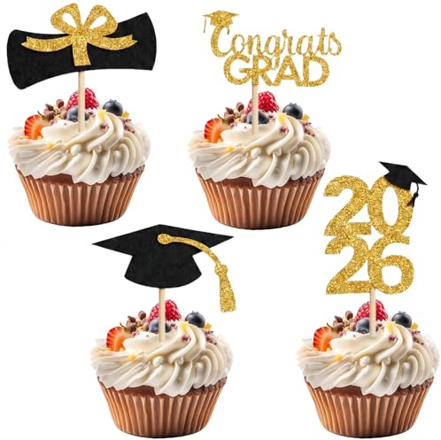 24 Stück Glitzer 2026 Graduation Cupcake Toppers,Abschluss Tortendeko Abitur 2026 Deko,Graduation Deko Torten,Bachelor Hut Dekoration, für Abschlussparty Schmücken