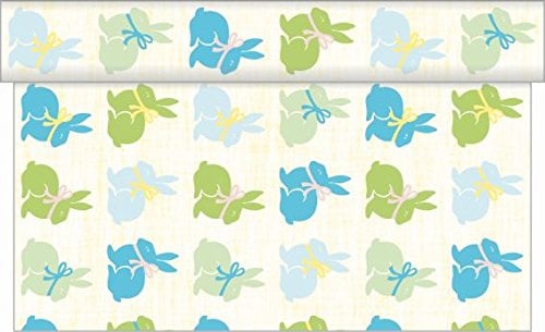 Sovie Home Tischläufer Ruby Pastell, Linclass Airlaid, 40cm x 4,80m, 1 Stück, alle 30cm perforiert, Hasen Kaninchen in Hellblau und Hellgrün, frühlingshaft, Ideal für Ostern