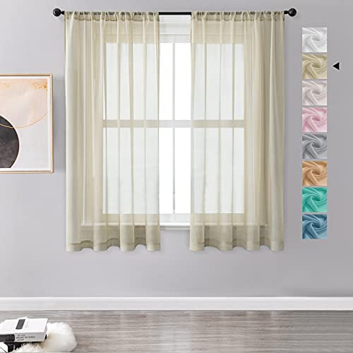 MRTREES Vorhänge Gardinen mit Store Vorhang Voile halbtransparent kurz in Leinenoptik Gardine Schals Beige Creme 160×140cm (H×B) für Wohnzimmer Schlafzimmer Kinderzimmer 2er Set