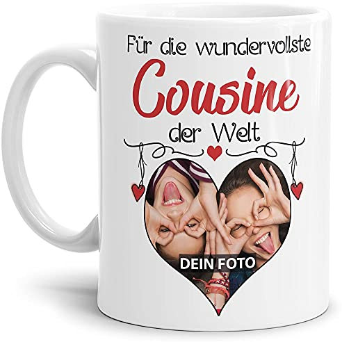 Tasse mit Spruch - Wundervollste Cousine der Welt - personalisiert mit Wunschfoto - Geschenkidee für die Cousine - Weiß, 300 ml