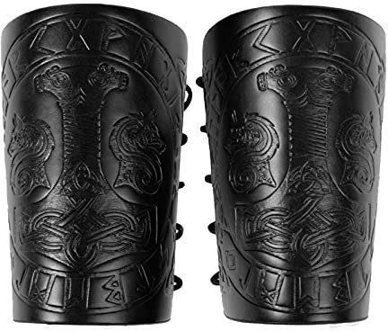 HiiFeuer Viking Armschiene Geprägte Fenrir Mjolnir Kunstleder Armrüstung, Mittelalterliche PU Leder Armschienen für LARP Aktivitäten, Halloween (Schwarz)