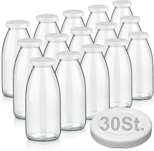 Geniess-Bar! 15 Milchflaschen 250ml mit 30 Deckel BPA frei Saftflaschen Glasflaschen 0,25L auch erhältlich mit 2/5/8 Flaschen Weithalsflaschen leer zum Befüllen Schraubdeckel