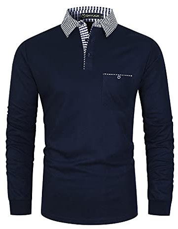 GHYUGR Men's Polo Shirt Long Sleeve Contrasting Plaid Splice Golf Tennis T-Shirt,Blue 1,XXL