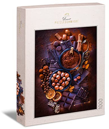 Ulmer Puzzleschmiede - Puzzle „Chocolaterie“ - klassisches 1000 Teile Puzzle – weihnachtliche Kakao- & Schokoladen-Inszenierung in edlen dunklen Farben - Moderne Speise-Fotografie mit feinen Konturen