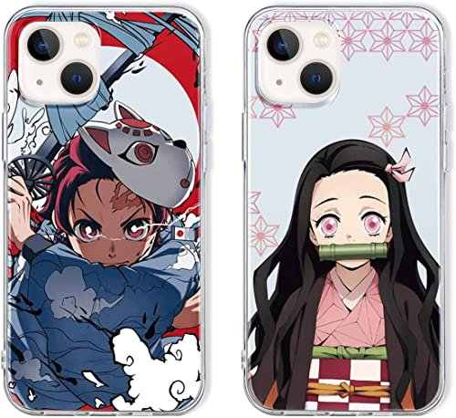 Eouine [2 Stück] Hülle für Apple iPhone 14 Hülle, iPhone 13 Hülle 6,1'',Weich Transparent TPU Silikon Schutzhülle mit Anime Tanjirou Nezuko, Stoßfest Handyhülle Kompatibel mit iPhone 13