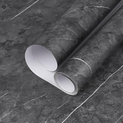 Hode Dark Grey Marble Vinyl Wrap Self Adhesive Wallpaper 40cmx2m Peel and Stick Kitchen Worktop Covering Bathroom Wallpaper Removable Waterproof for Bedroom Bathroom Wall Paper Table Furniture