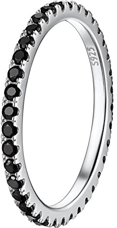 Suplight Damen Ringe mit Stein Silber 925 Fingerring Eheringe Verlobungsring Breite 2mm Größe 18,1mm schwarz