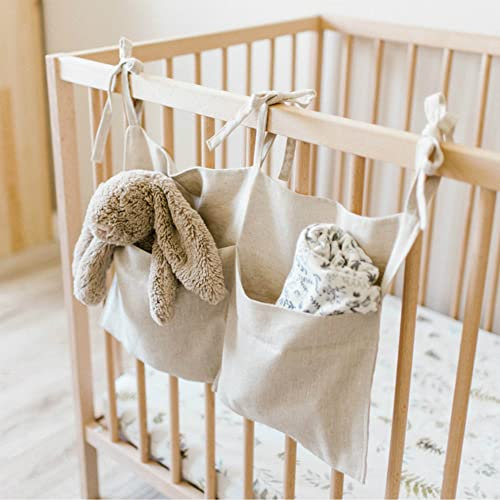 BYNYXI Babybett Tasche Hängende Organizer Babykrippe Tasche, Betttasche Babybett Leinen Doppeltasche Krippe Multifunktionale Wickeltasche Aufbewahrungsbeutel Babybett Veranstalter mit 2 Taschen