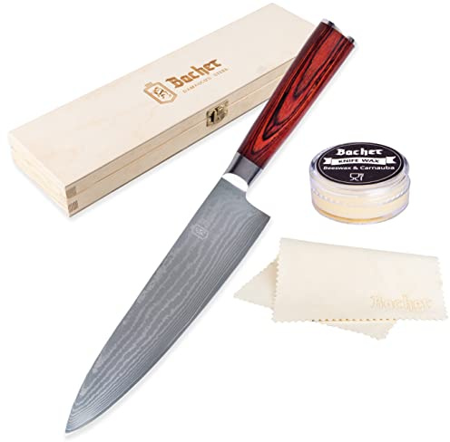 Bacher Cuchillo Cebollero Chef Damasco 20 cm - 67 Capas Acero, Palisandro | Certificado autenticidad firmado | cuchillo japonés para carne, verdura, pescado | AUS-10V, HRC 58-60 | caja, cera, paño piel